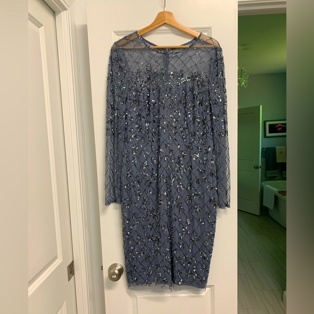 Adrianna Papell Dark Gray bead and sequin dress with sheer long sleeves size 14